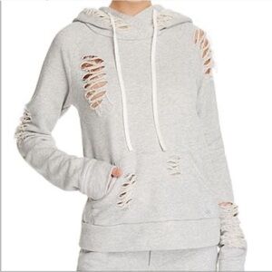 Alo Yoga Gray Distressed Ripped French Terry Hoodie Sweatshirt